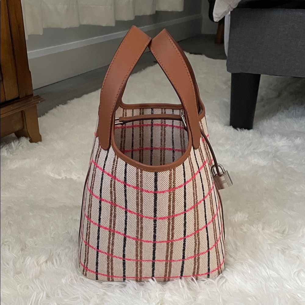 Hermes Tan and White Checkered Tote Bag - Picture 12 of 14